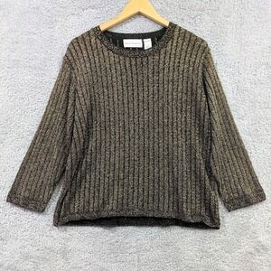 Alfred Dunner Women's XL Gold Sparkle Metallic 3/4 Sleeve Ribbed Sweater Holiday